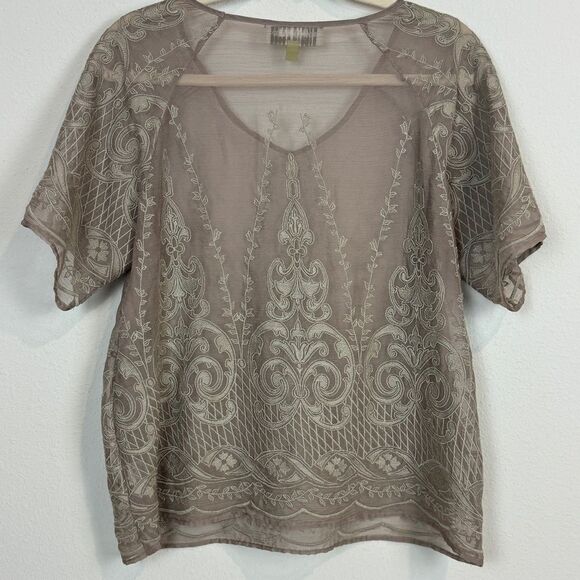 Sigrid Olsen Signature Beige Embroidered Sheer Top S - Picture 5 of 8